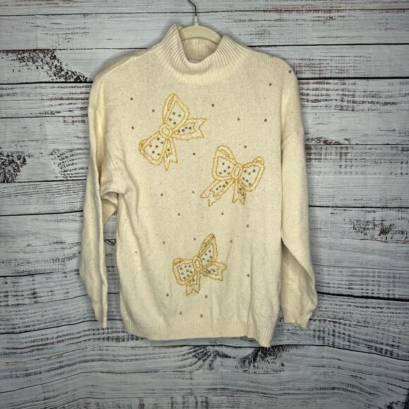 Dana Scott Silk Angora Wool Blend Sweater Beaded Embroidered Bows Vintage M - Picture 1 of 3